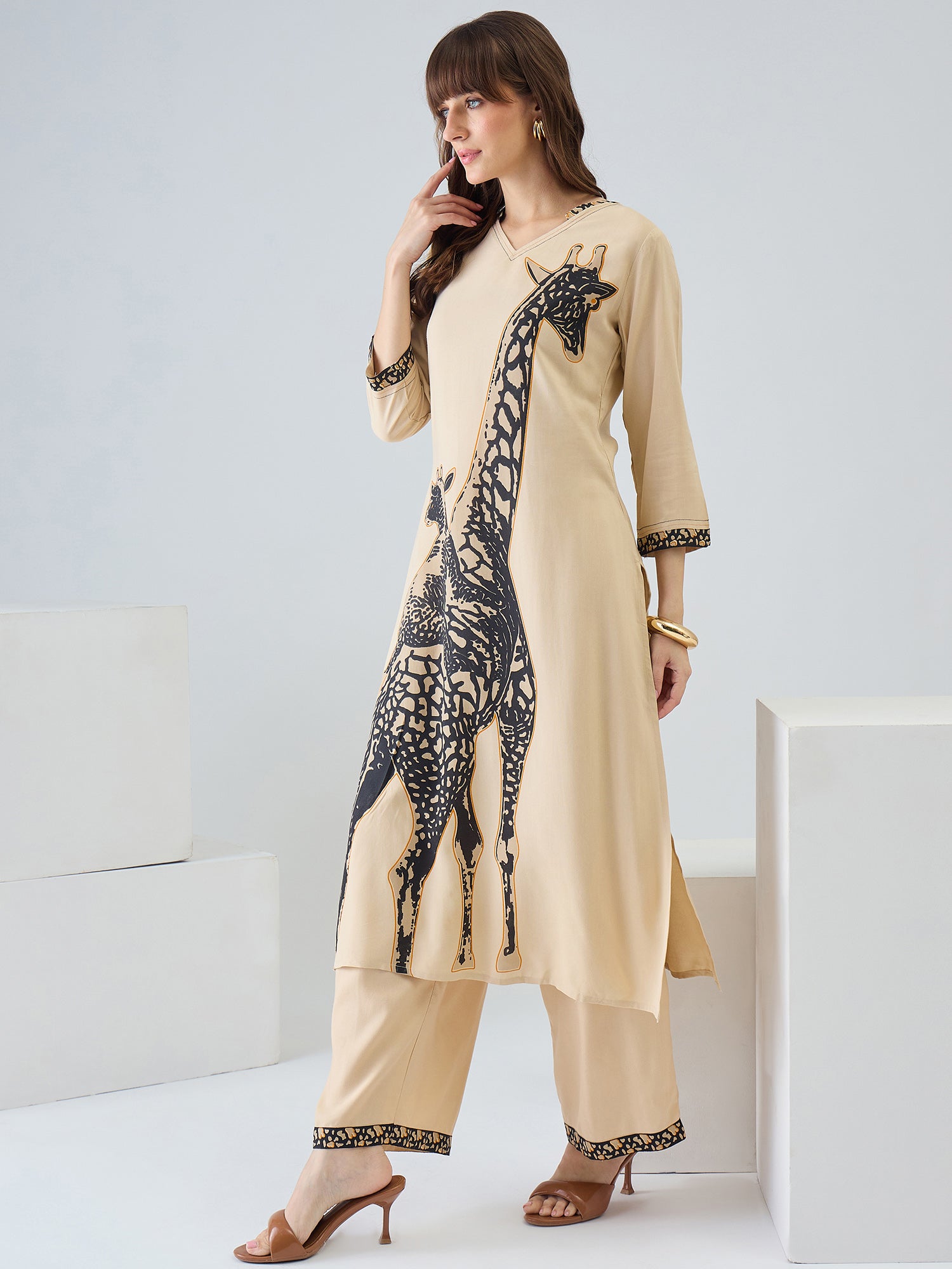 Indo Era Beige Printed Straight Kurta Palazzos Set