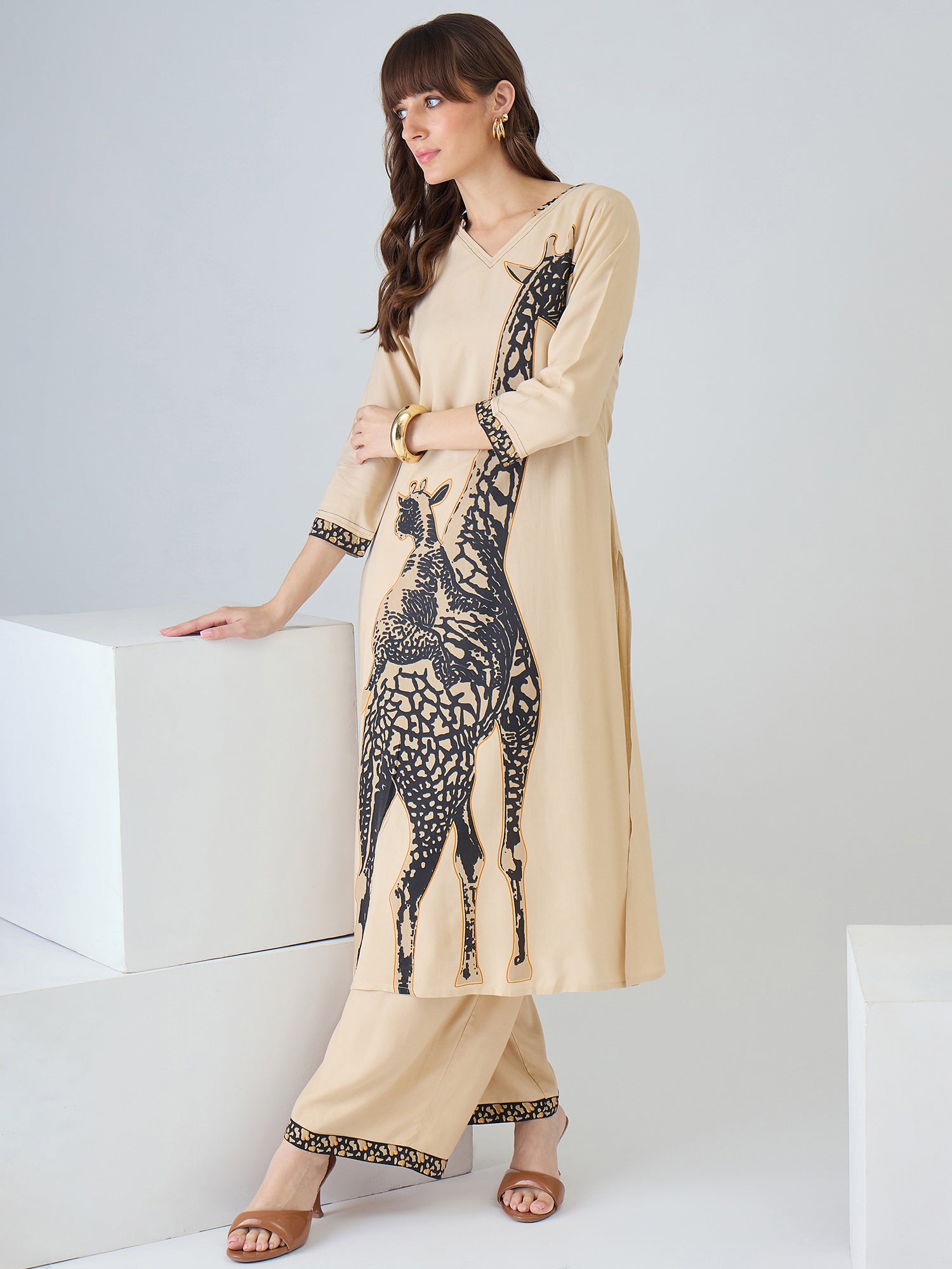 Indo Era Beige Printed Straight Kurta Palazzos Set