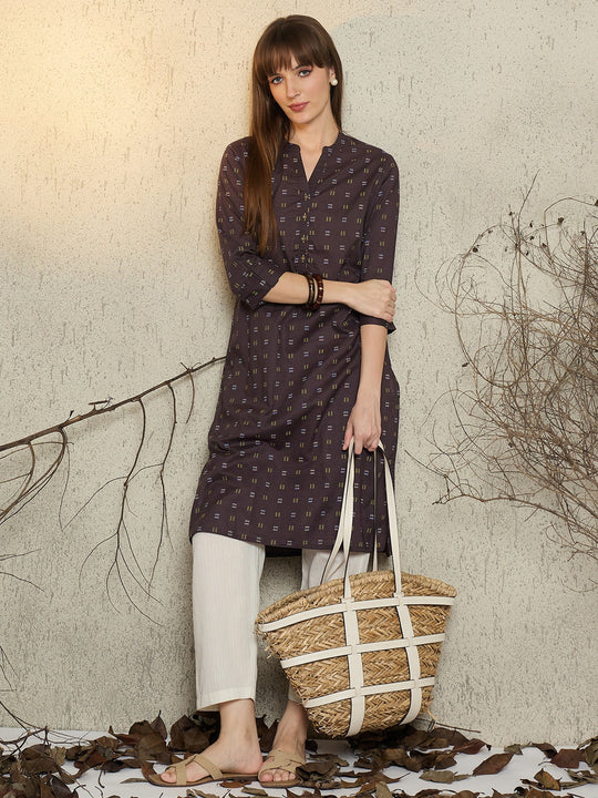 Grey Ethnic Motifs Straight Mandarin Collar Cotton Kurtas