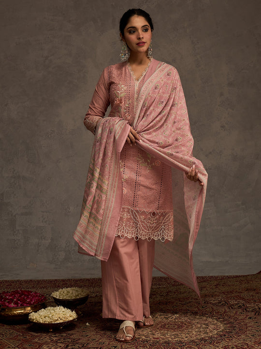 Mauve Embroidered Pure Cotton Straight Suit Sets With Dupatta