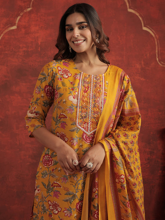 Mustard Embroidered Cotton Blend Straight Kurta Sets With Dupatta
