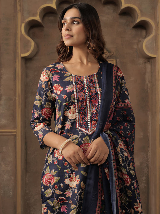 Navy Blue Embroidered Cotton Blend Straight Kurta Sets With Dupatta