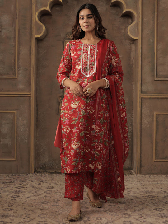Red Embroidered Cotton Blend Straight Kurta Sets With Dupatta