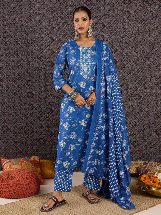 Indo Era Blue Printed Straight Kurta Trousers With Dupatta Set