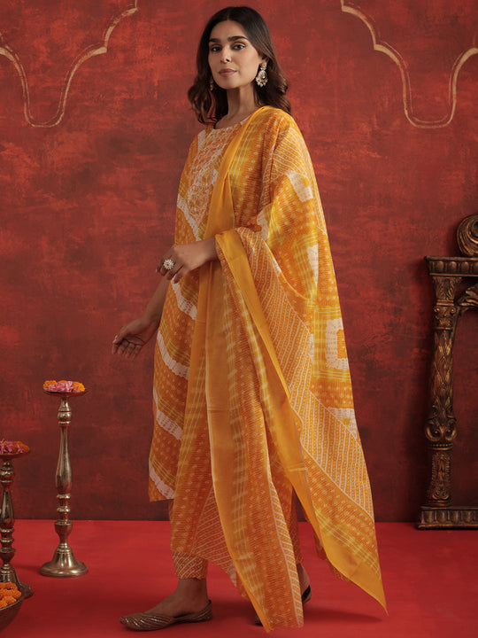 Mustard Printed Cotton Blend Straight Kurta Sets With Dupatta
