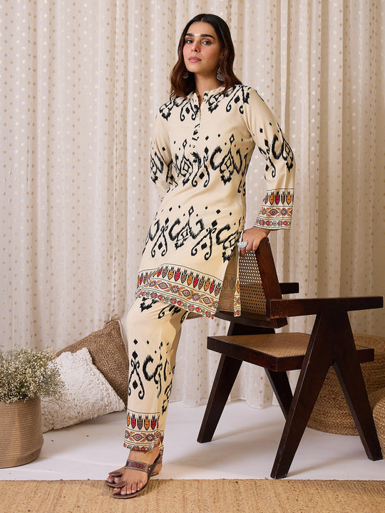 Off White Printed Viscose Rayon Straight Kurta Trousers Set
