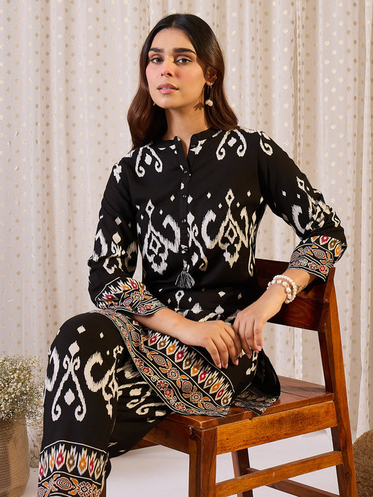 Black Printed Viscose Rayon Straight Kurta Trousers Set