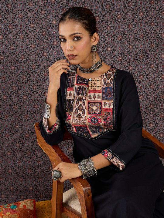 Indo Era Black Printed Straight Kurta