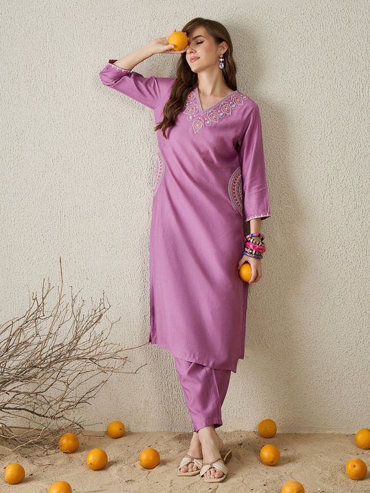 Lavender Embroidered Cotton Blend Straight Kurta Trousers Set