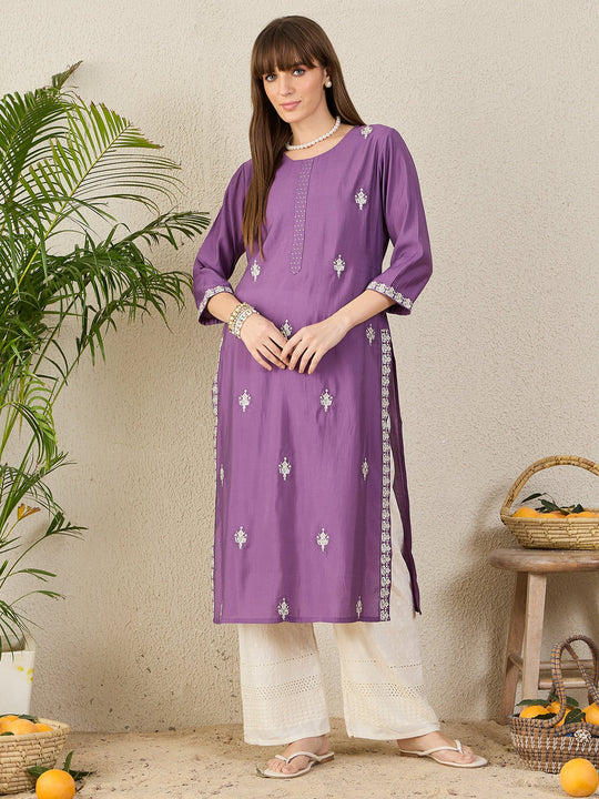 Indo Era Purple Embroidered Straight Kurtas