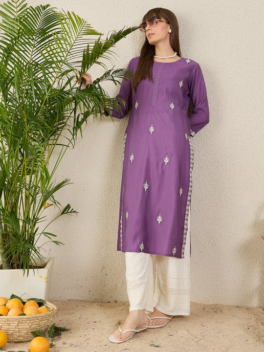 Indo Era Purple Embroidered Straight Kurtas