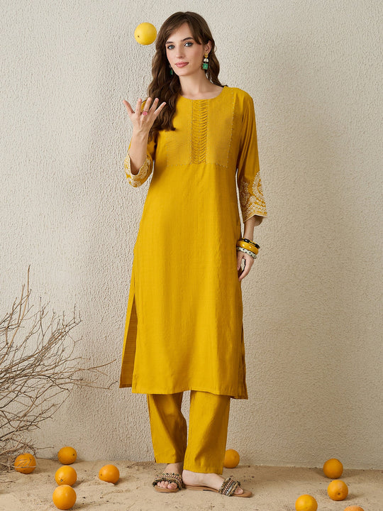 Mustard Embroidered Cotton Blend Straight Kurta Trousers Set