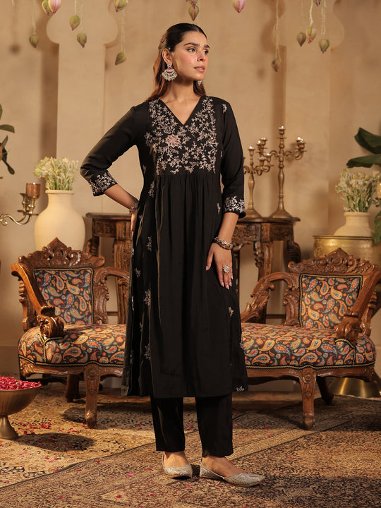 Black Embroidered Silk Blend A-Line Kurta Trousers Set