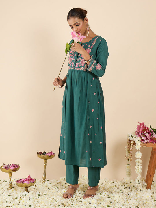 Indo Era Sea Green Embroidered A-Line Kurta Trousers Set