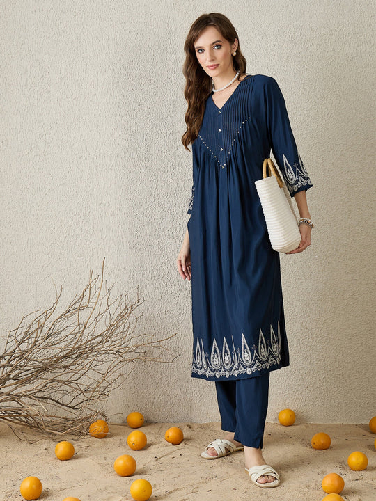 Navy Blue Embroidered Silk Blend A-Line Kurta Trousers Set