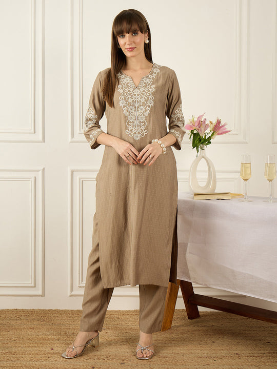 Indo Era Beige Embroidered Straight Kurta Trousers Set