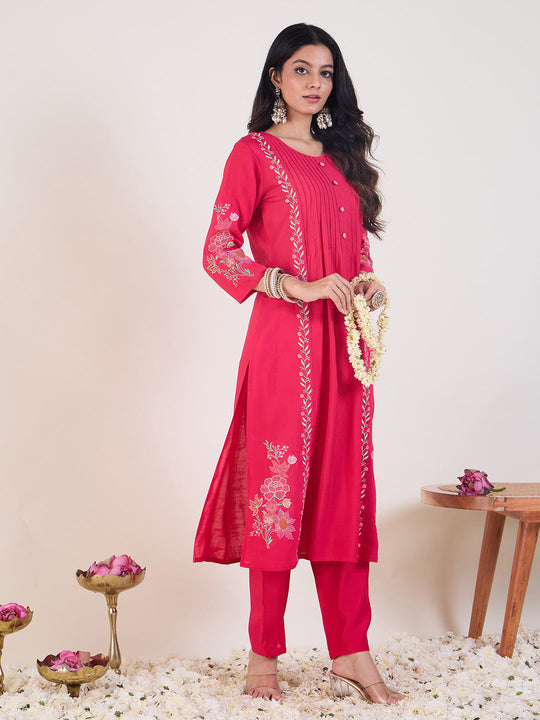 Indo Era Pink Embroidered Straight Kurta Trousers NA Set