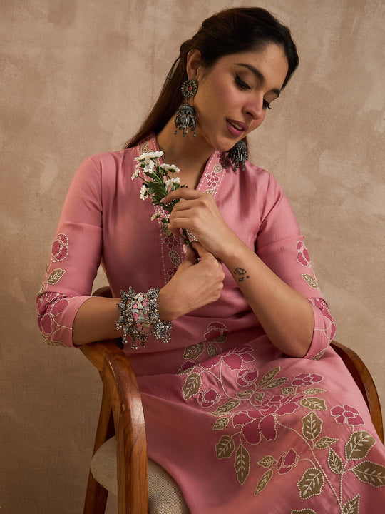 Pink Embroidered Silk Blend Straight Kurta Trousers Set