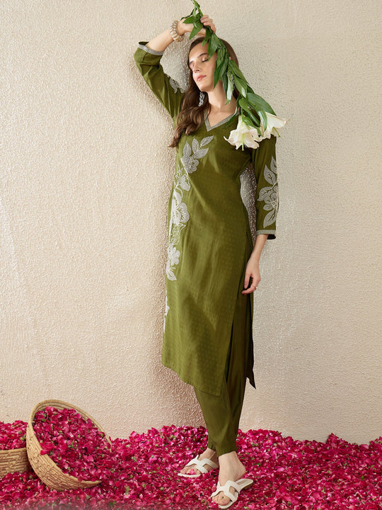 Indo Era Green Embroidered Straight Kurta Trousers Set