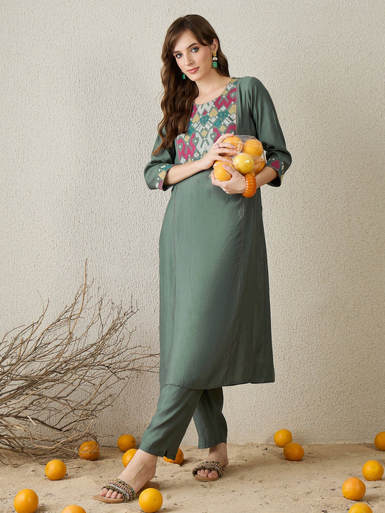 Grey Embroidered Silk Blend Straight Kurta Trousers Set