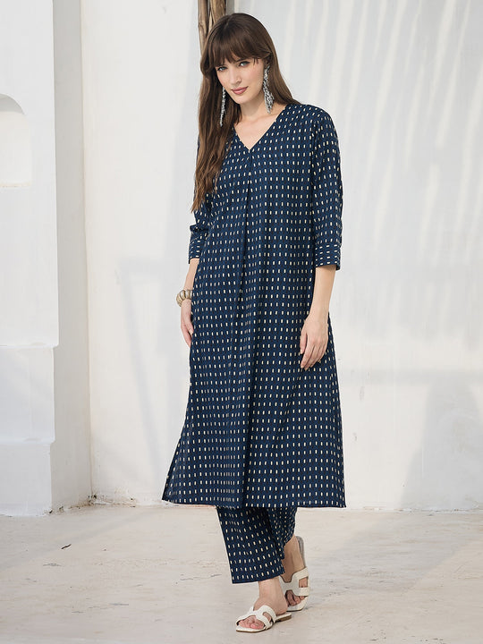 Blue Printed Pure Cotton A-Line Kurta Trousers Set