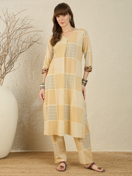 Indo Era Beige Printed A-Line Kurta Trousers Set
