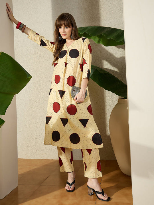 Off White Printed Pure Cotton A-Line Kurta Trousers Set