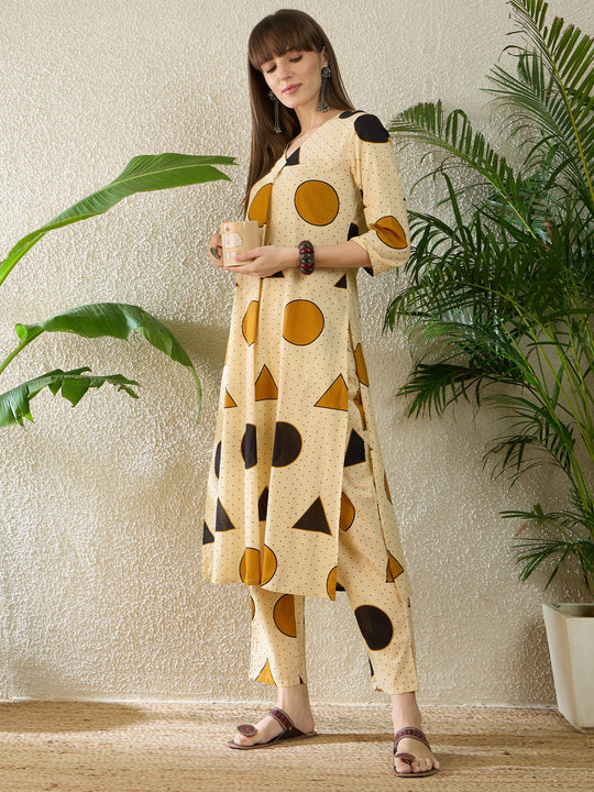 Indo Era Beige Printed A-Line Kurta Trousers Set