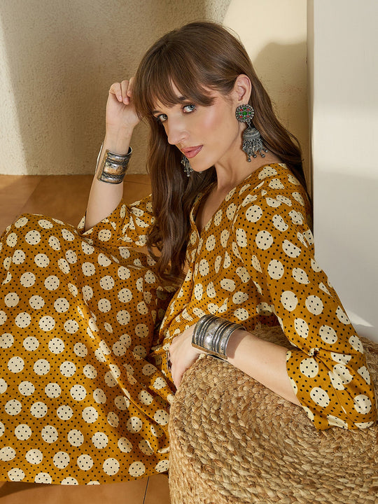 Mustard Printed Pure Cotton A-Line Kurta Trousers Set