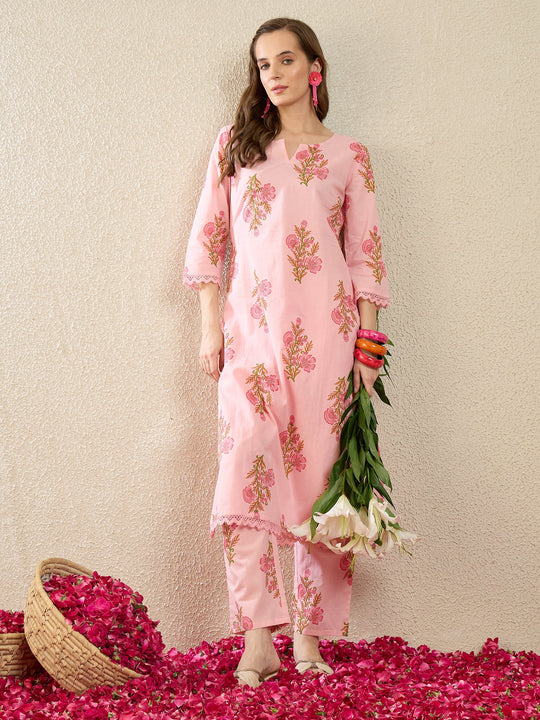 Indo Era Pink Printed Straight Kurta Trousers Set