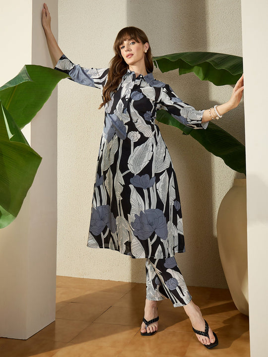 Black Printed Pure Cotton A-Line Kurta Trousers Set