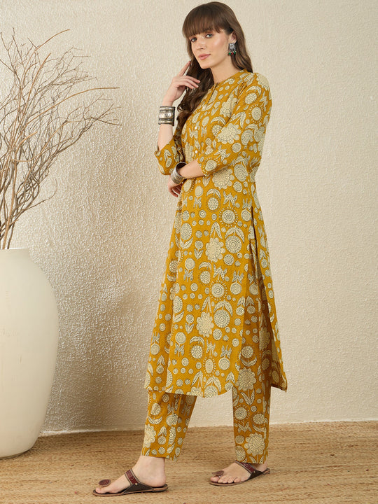 Indo Era Mustard Printed Straight Kurta Trousers Set