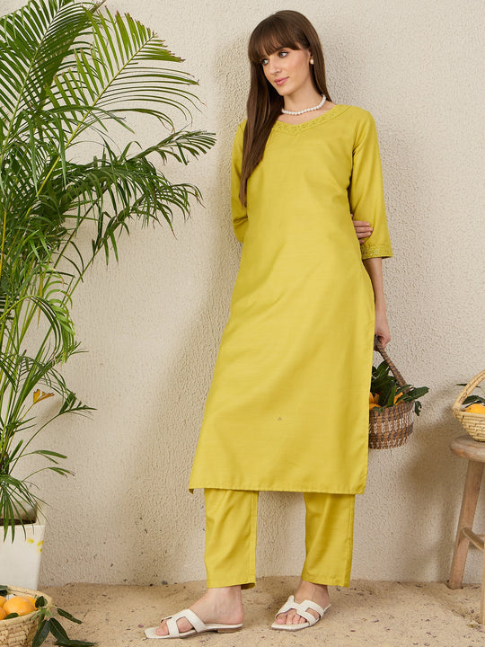Olive Embroidered Cotton Blend Straight Kurta Trousers Set