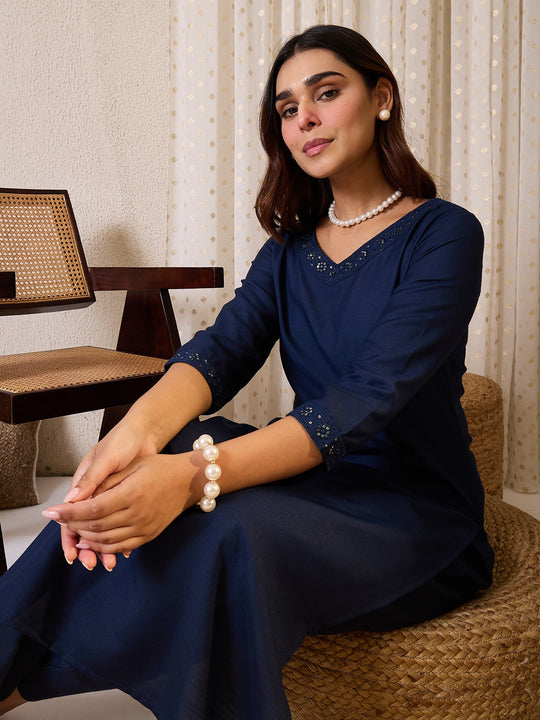 Blue Embroidered Cotton Blend Straight Kurta Trousers Set