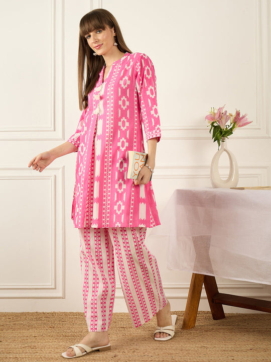 Indo Era Pink Printed A-Line Kurta Palazzos Set
