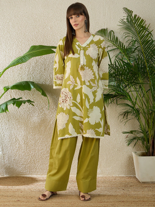 Indo Era Green Printed Straight Kurta Palazzos Set