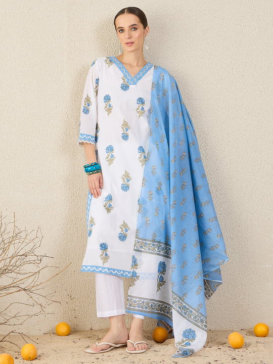 White Printed Pure Cotton Straight Suit Sets With Dupatta