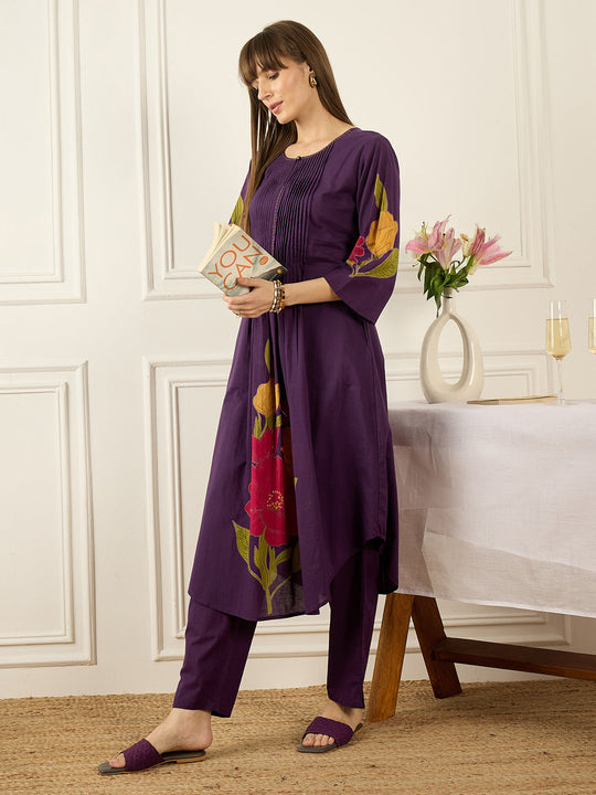 Indo Era Purple Printed A-Line Kurta Trousers Set