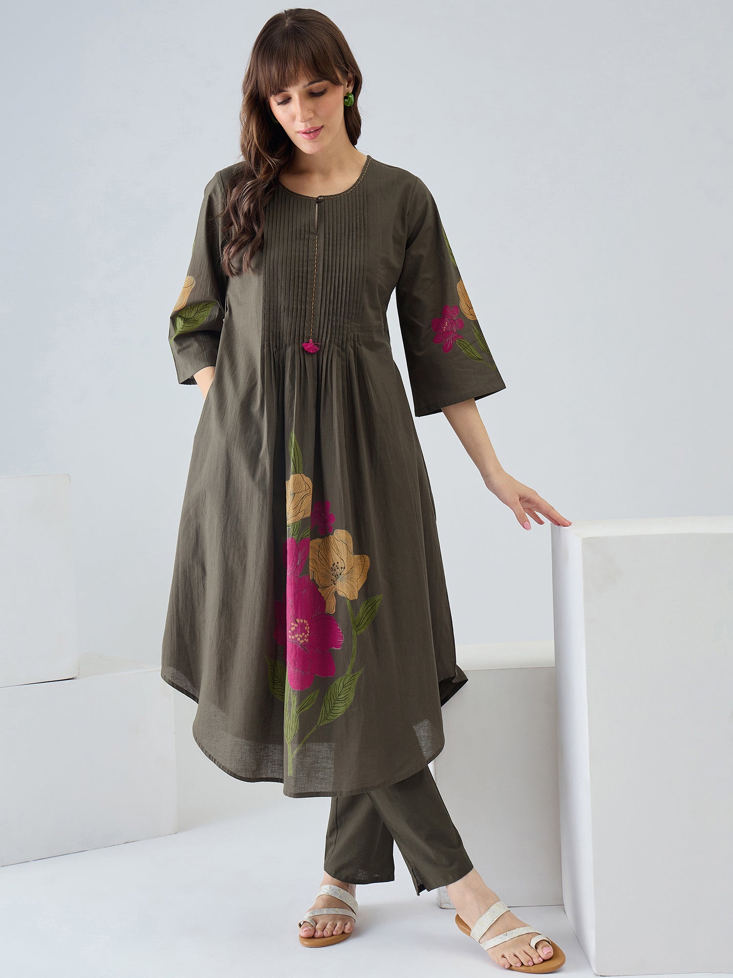 Indo Era Green Printed A-Line Kurta Trousers Set