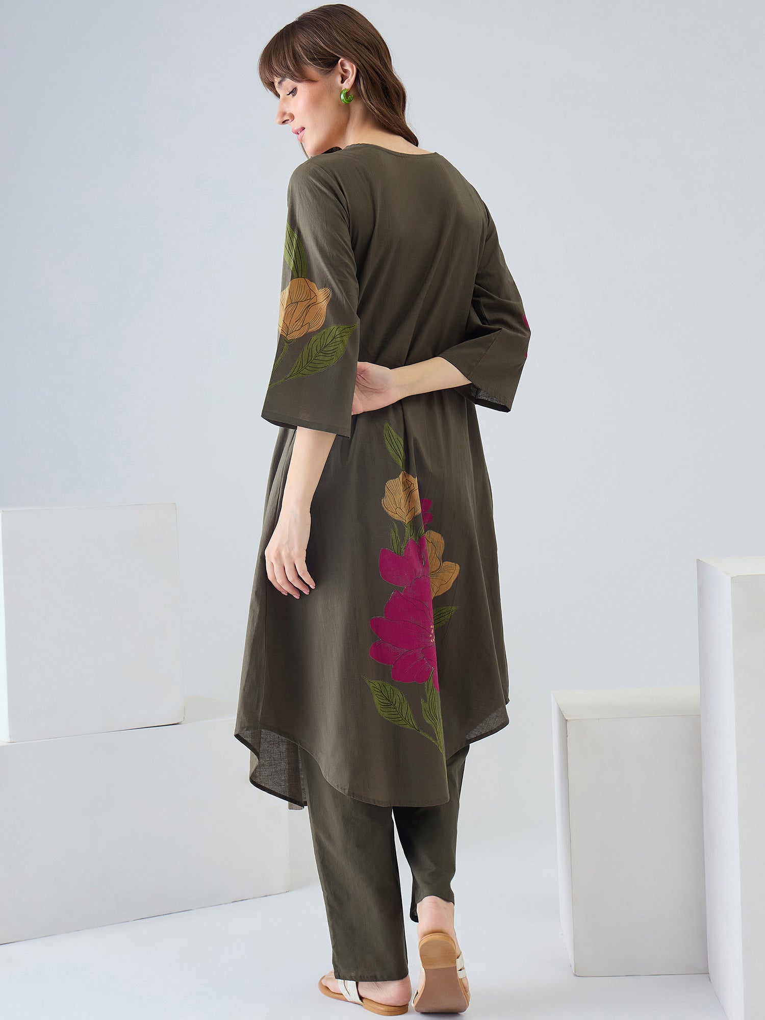 Indo Era Green Printed A-Line Kurta Trousers Set