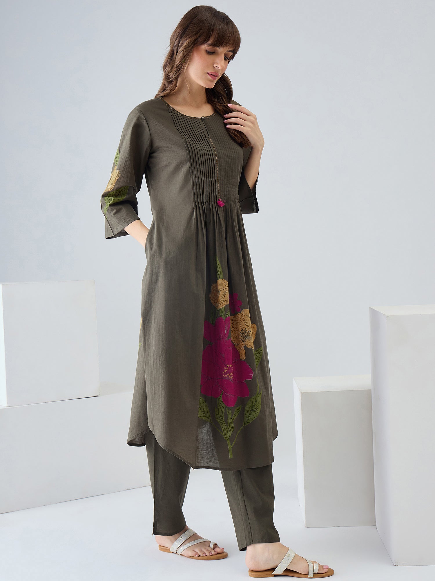 Indo Era Green Printed A-Line Kurta Trousers Set