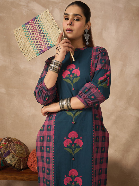 Indo Era Teal Printed Straight Kurta Trousers Set