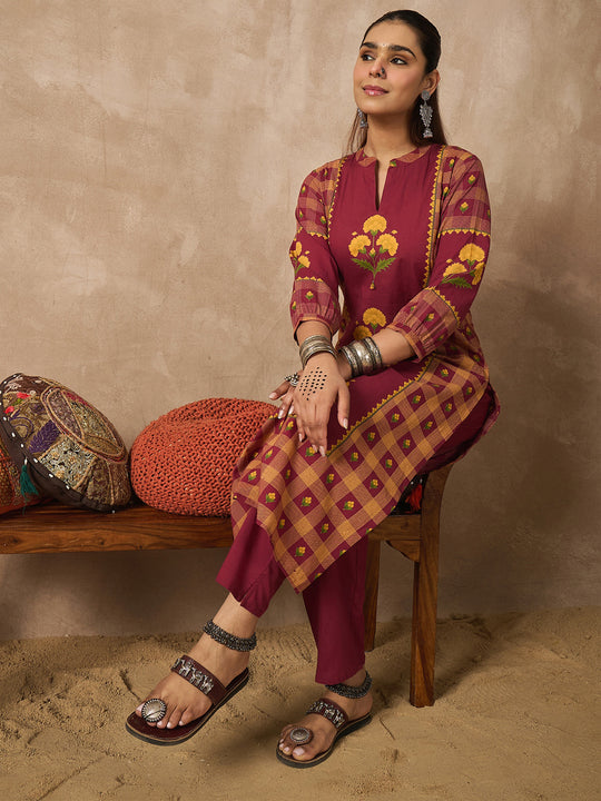 Indo Era Red Printed Straight Kurta Trousers Set