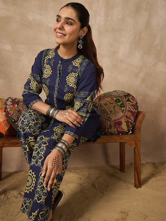 Indo Era Blue Printed A-Line Kurta Palazzos Set