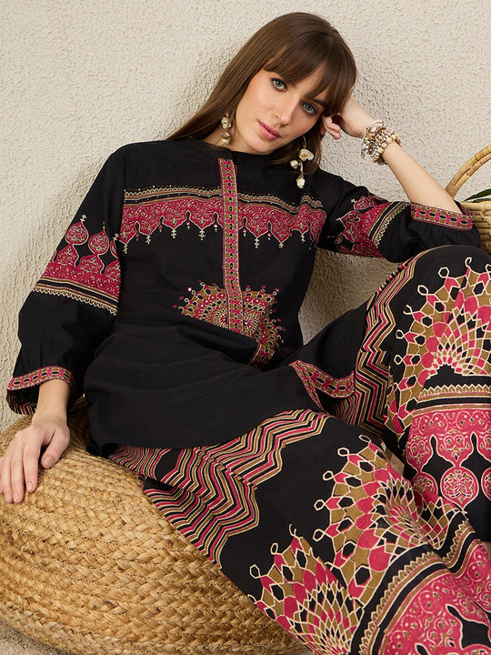 Black Printed Pure Cotton A-Line Kurta Palazzo Set