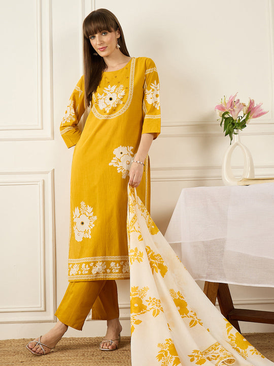 Indo Era Mustard Printed Straight Kurta Trousers With Dupatta set