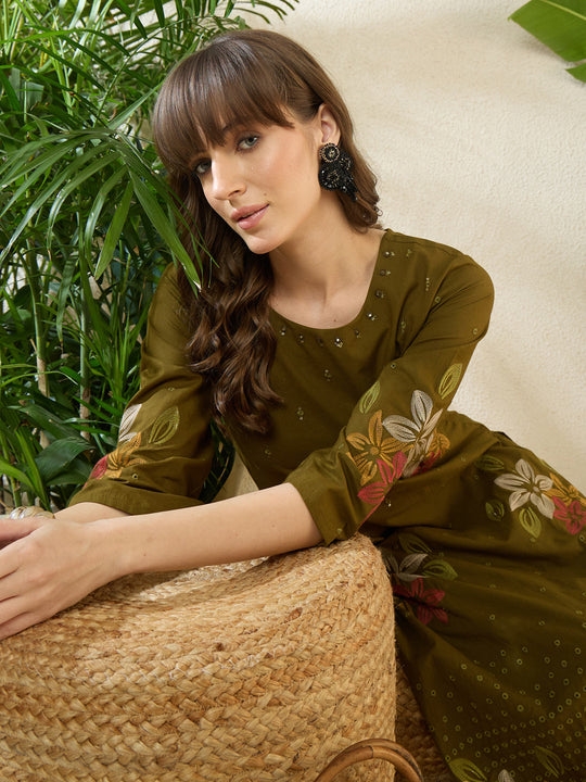 Indo Era Olive Printed Straight Kurta Trousers Set