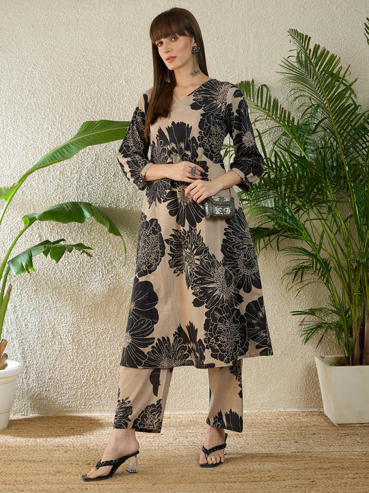 Indo Era Beige Printed A-Line Kurta Trousers Set