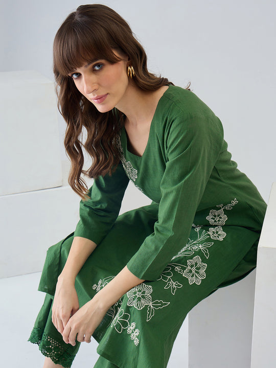 Indo Era Green Embroidered Straight Kurta Trousers set