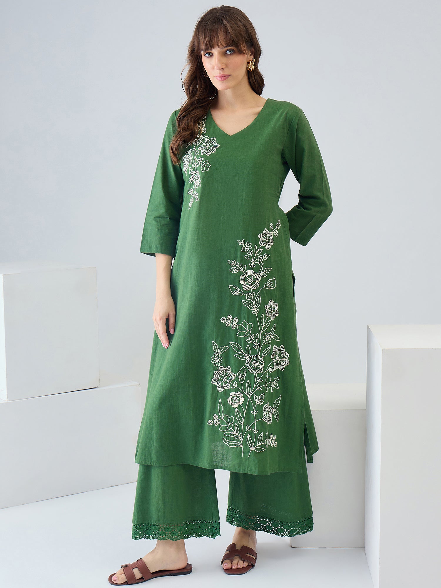 Indo Era Green Embroidered Straight Kurta Trousers set